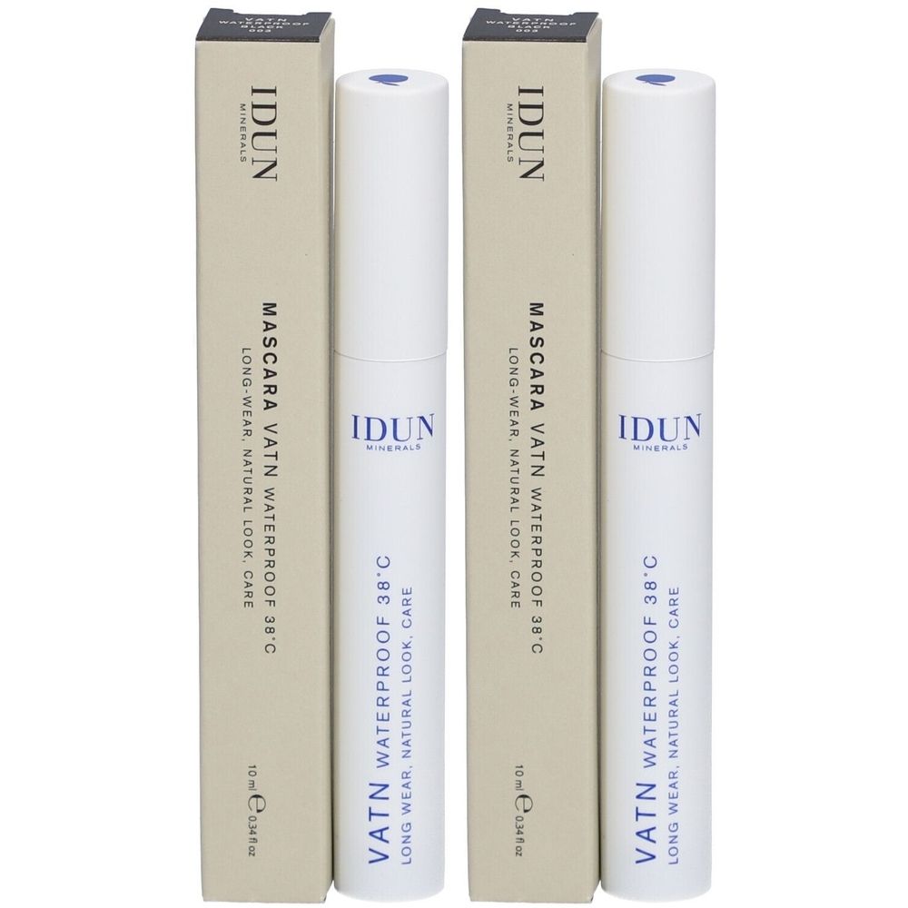 Zwei Mascara-Tuben und -Verpackungen. Auf den Verpackungen steht "IDUN Minerals Mascara VATN Waterproof 38°C". Die Tuben sind weiß.