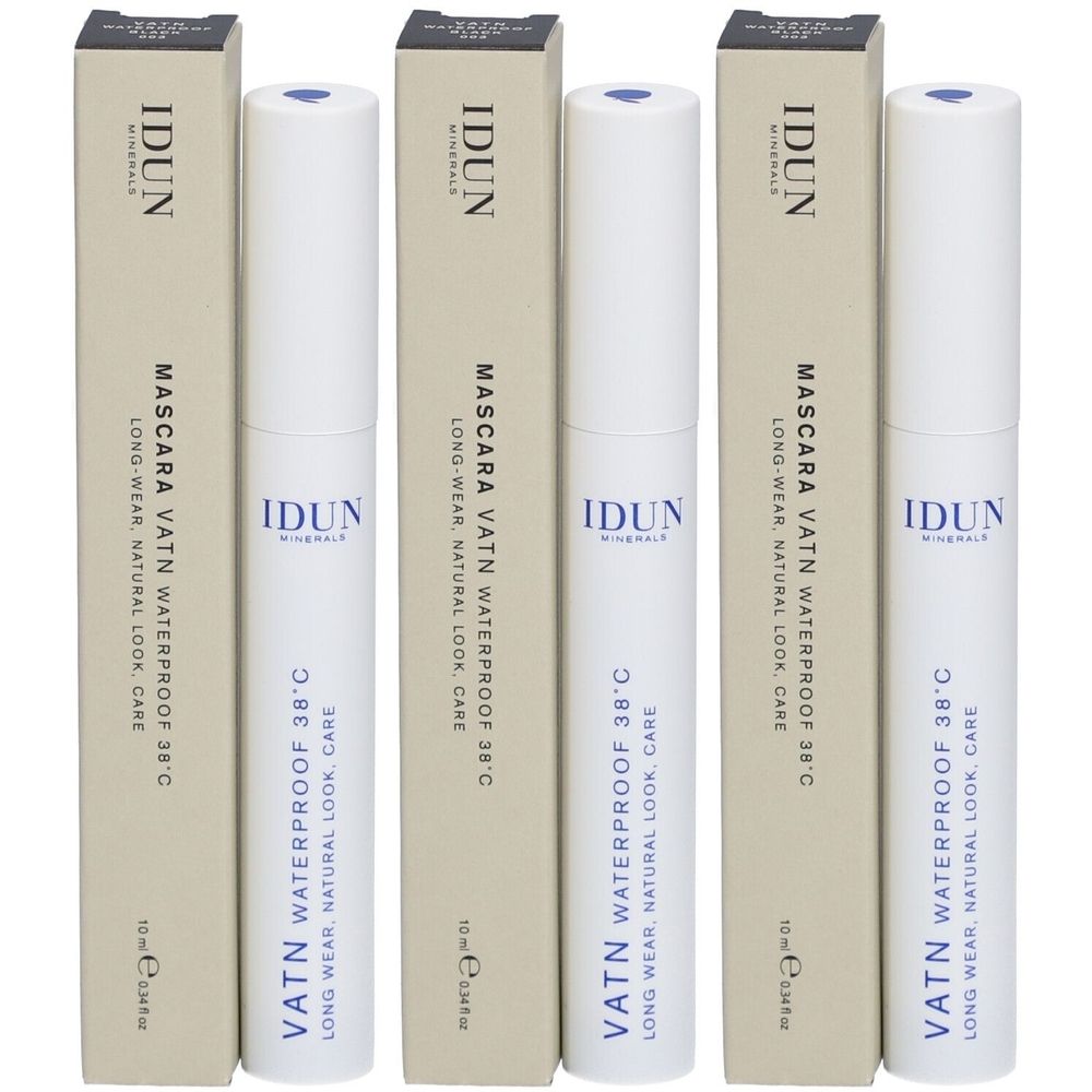 Drei Mascara-Tuben und Verpackungen. Auf den Verpackungen steht: IDUN Minerals, Mascara VATN Waterproof 38°C. Auf den Tuben steht IDUN Minerals.
