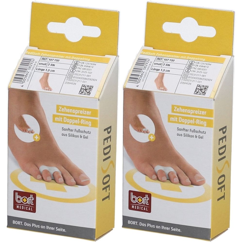 Zwei PediSoft-Verpackungen. Aufdruck: Zehenspreizer mit Doppel-Ring, Softer Fußschutz aus Silikon & Gel. Marke: bort MEDICAL.