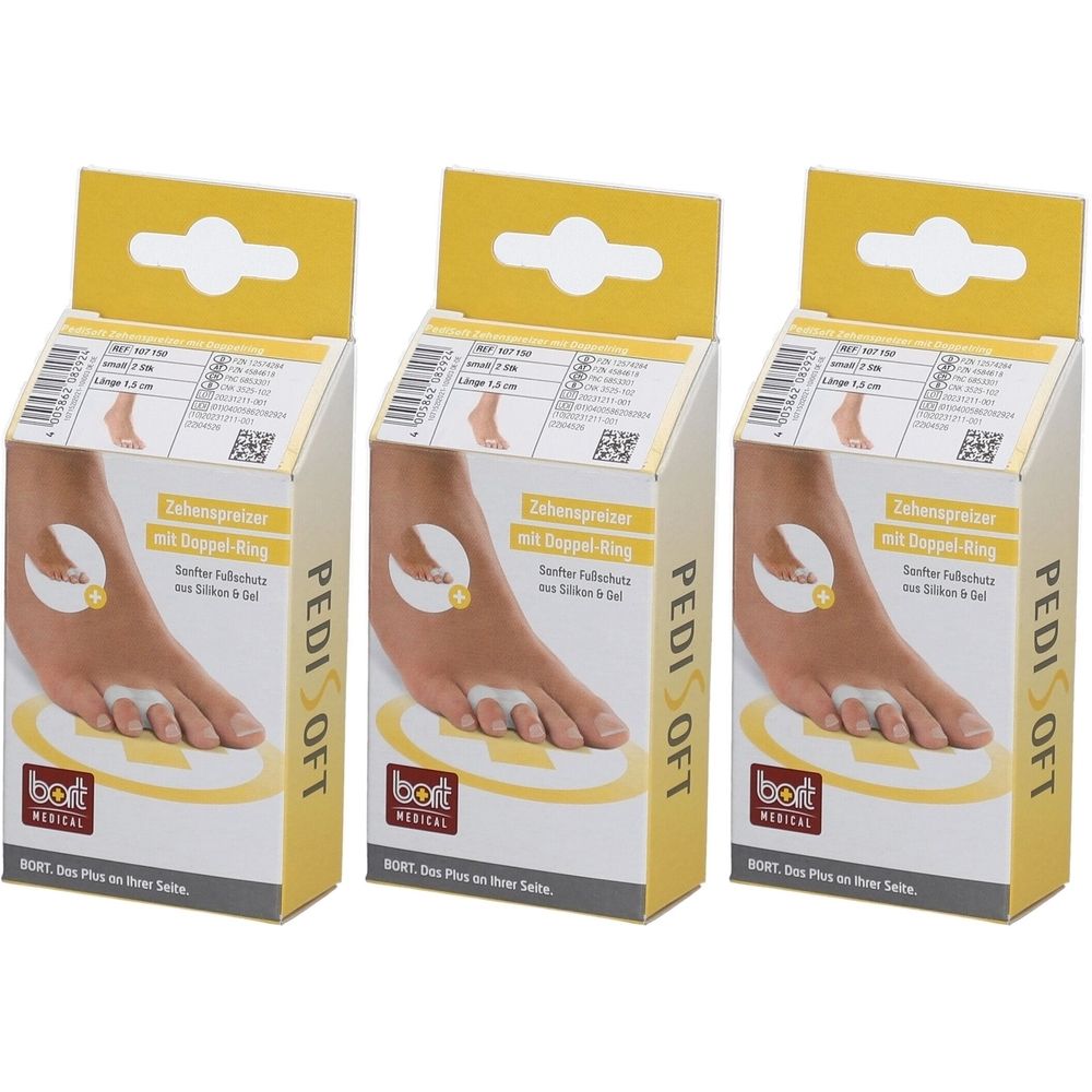 Trois boîtes de produit. Sur chaque boîte, un écarteur d'orteils avec double anneau est illustré. Impression : PediSoft, BORT MEDICAL.