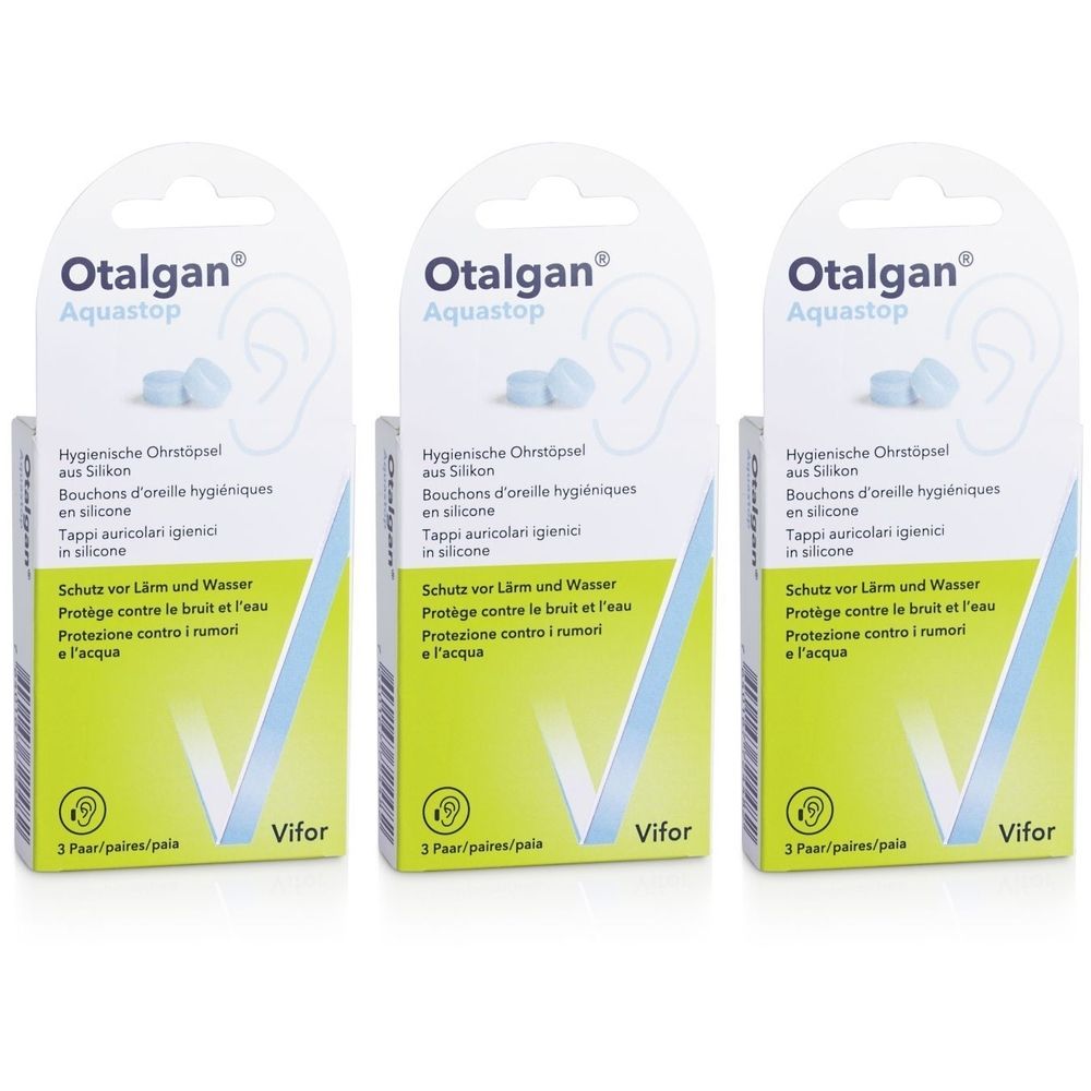 Trois emballages de OTALGAN® Aquastop. Chaque emballage contient des bouchons d'oreille. Protection contre le bruit et l'eau.