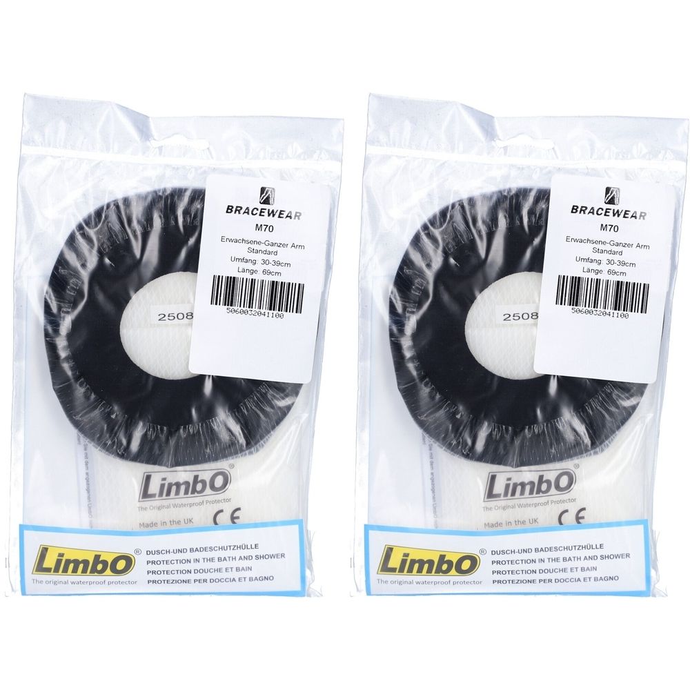 Zwei LIMBO Armschutzhüllen in Plastikverpackung. Schwarze, runde Form mit weißem Innenbereich. CE-Kennzeichnung.