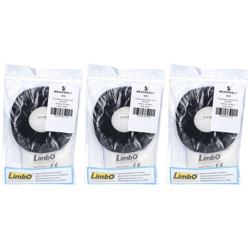 Drei Verpackungen mit schwarzem, rundem Produkt. Auf jeder Verpackung steht "Limbo" und "CE".