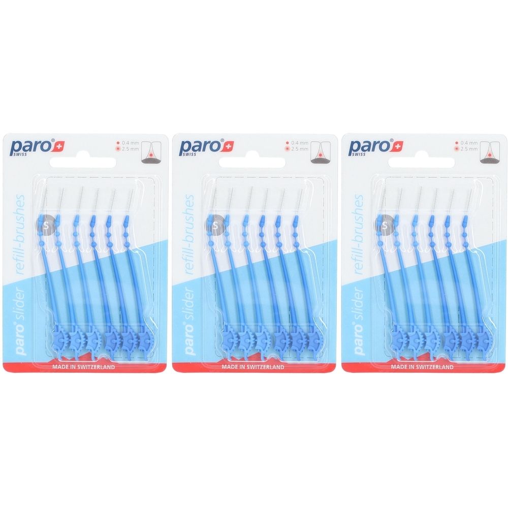 Trois paquets de brosses interdentaires paro® SLIDER. Brosses bleues avec manches transparents. Emballage avec nom et logo.