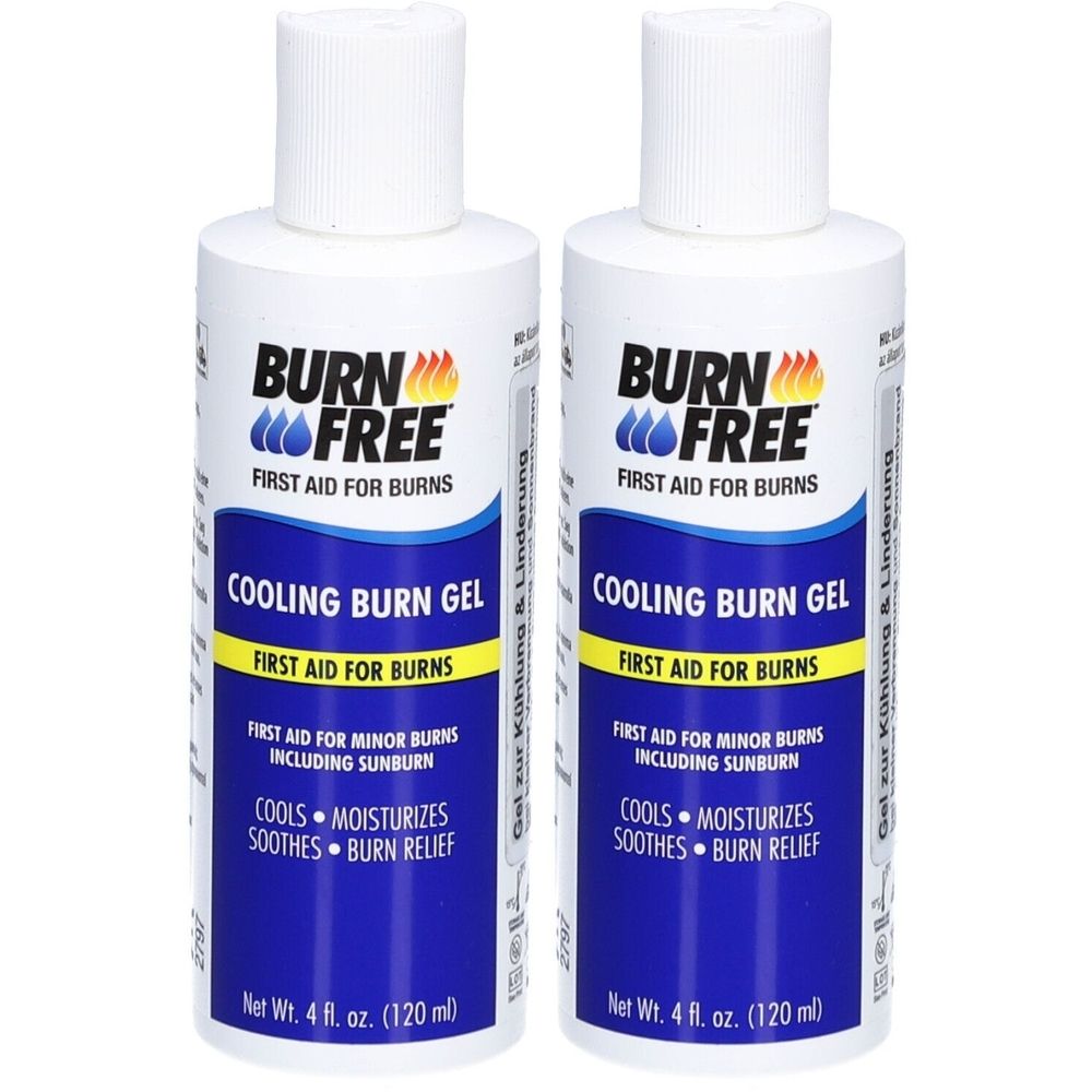 Zwei weiße Flaschen mit weißem Deckel. Aufschrift: BURN FREE, Kühlendes Brandgel. Erste Hilfe bei Verbrennungen. Enthält 120 ml.
