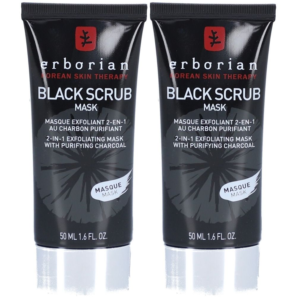 Zwei schwarze Tuben mit Produktbeschriftung. Text: Black Scrub Mask, 2-in-1 Peeling-Maske mit Aktivkohle. Marke: erborian.