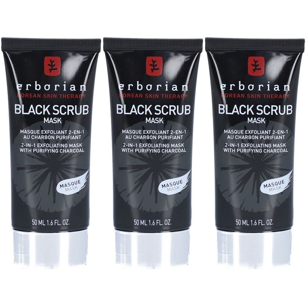 Drei schwarze Tuben mit Produktbeschriftung. Aufschrift: Black Scrub Maske, 2-in-1 Peeling-Maske mit reinigender Kohle. 50 ml.