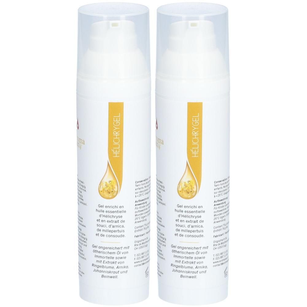 Deux flacons blancs avec pompe. Étiquette jaune sur chaque flacon, avec nom du produit et ingrédients.