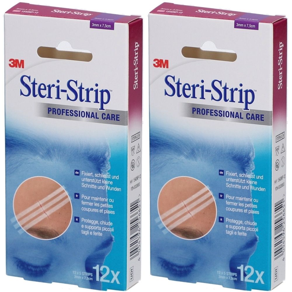 Zwei Packungen Hautnahtmaterial. Aufdruck: 3M Steri-Strip, Professional Care. 12 Stück. Abbildung zeigt Anwendung. Größe: 3 x 75 mm.