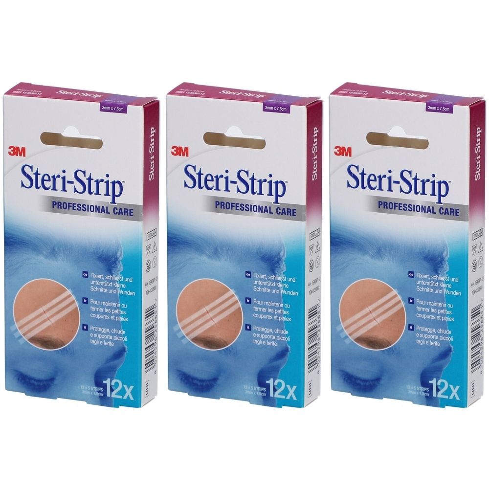 Drei Packungen 3M Steri-Strip. Weiße Verpackung mit Produktname und Logo. Jede Packung enthält 12 Stück.