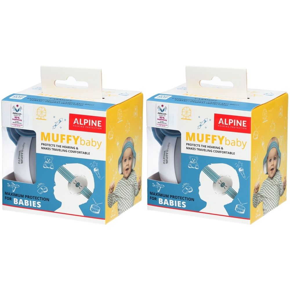 Deux boîtes de protection auditive Alpine Muffy Baby. Casque bleu dans un emballage en carton. Inscription : Muffy Baby, Maximum Protection for Babies.