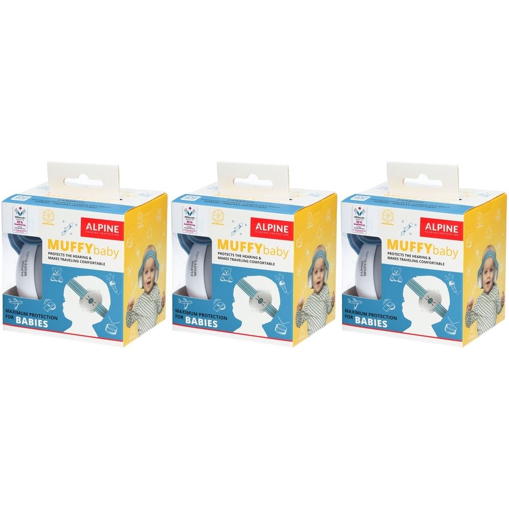 Drei Verpackungen des Alpine Muffy Baby Gehörschutzes. Blaue und weiße Gehörschützer in Kartons mit Babyabbildung und Produktnamen.