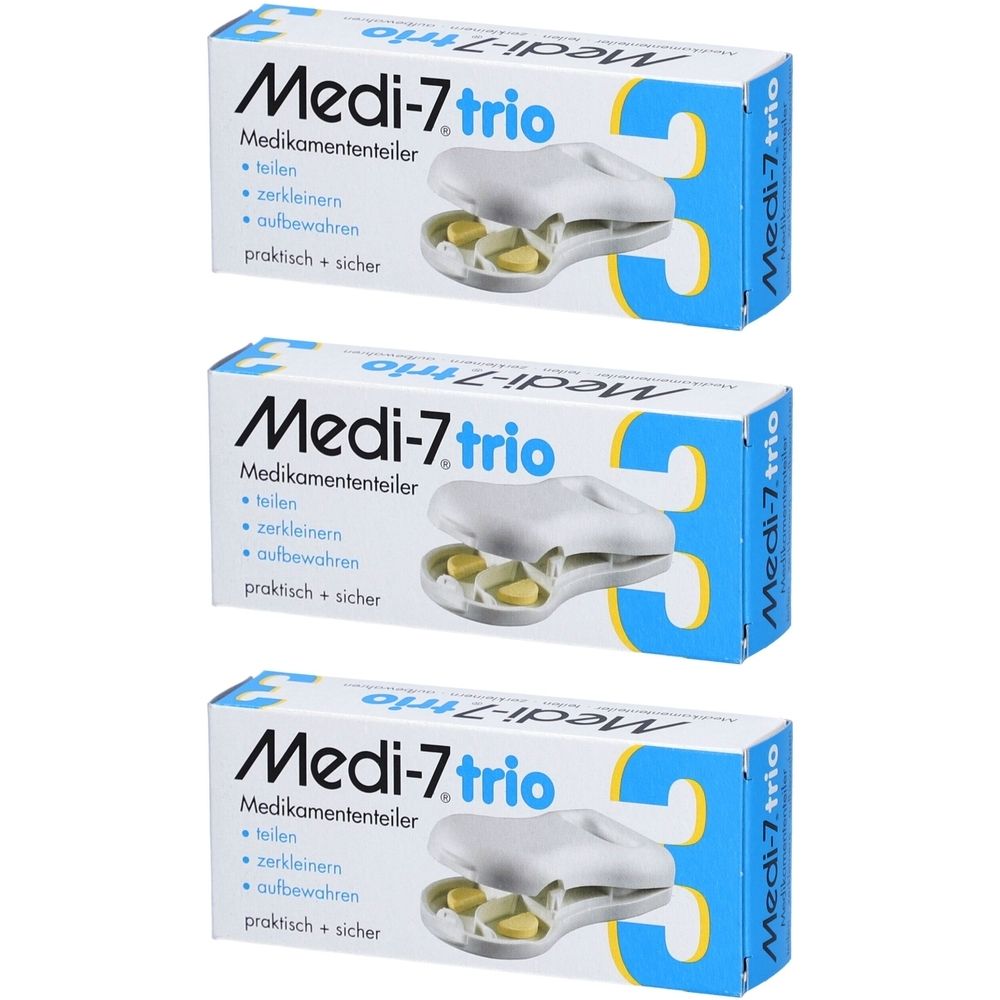 Drei Packungen Medi-7 Trio Pillenschneider. Weiße Boxen mit blauem Akzent und Produktabbildung. Text: teilen, zerkleinern, aufbewahren.