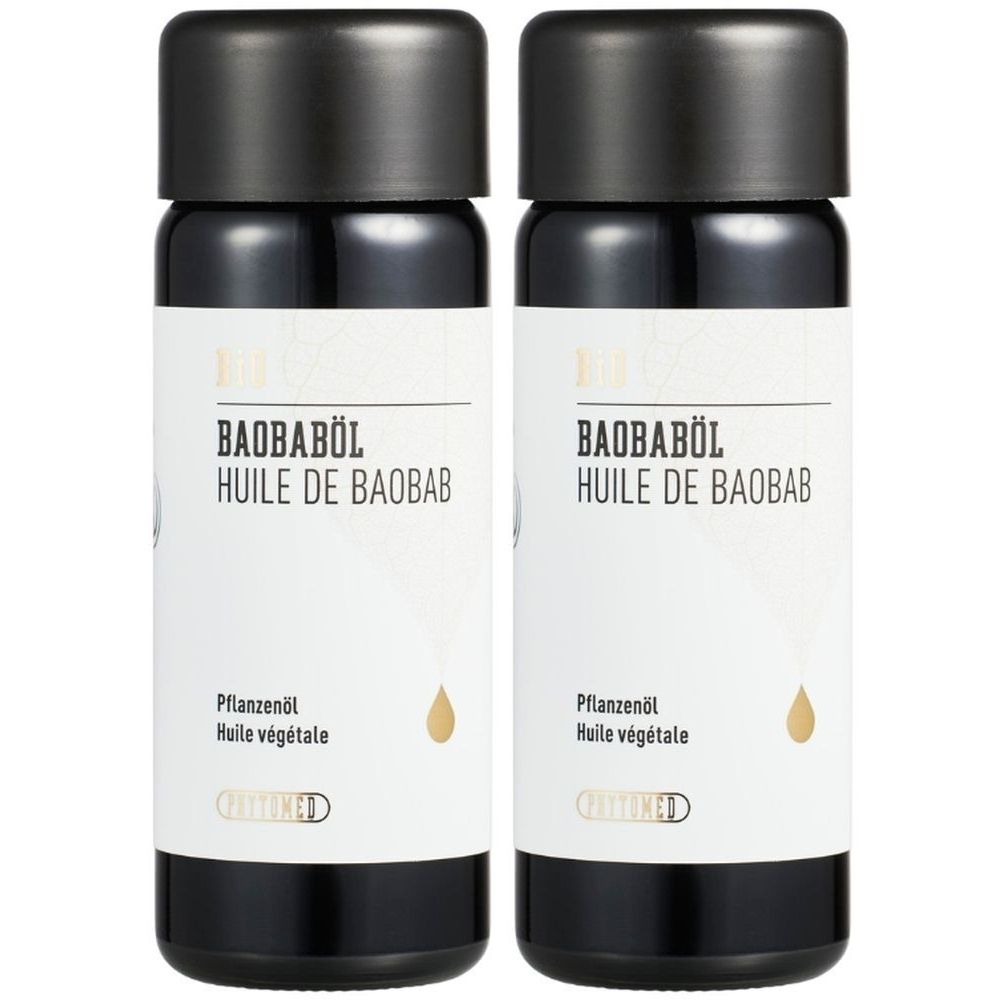 Deux flacons noirs avec bouchons noirs. Étiquettes avec "BAOBABÖL HUILE DE BAOBAB". En dessous "Pflanzenöl Huile végétale".