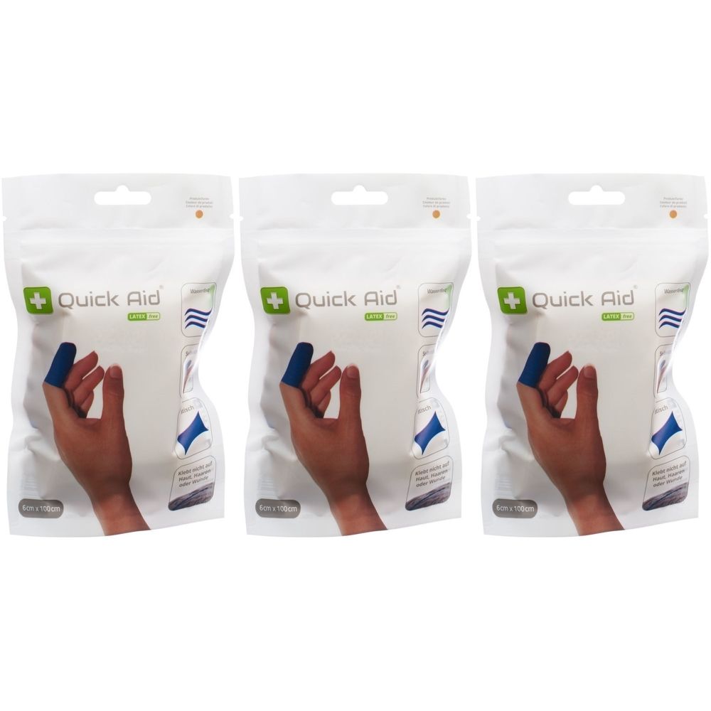 Drei Packungen QUICK AID Latexfreie Pflaster. Jede Packung zeigt eine Hand mit blauem Fingerverband. Weißes Verpackungsdesign mit Logo.