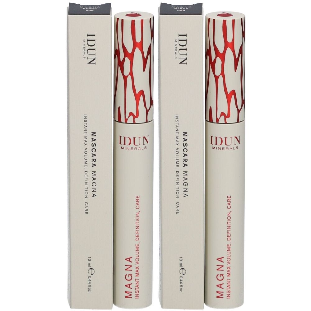 Deux tubes et emballages de mascara. Les emballages indiquent "IDUN Minerals Mascara Magna". Les tubes ont un motif rouge.