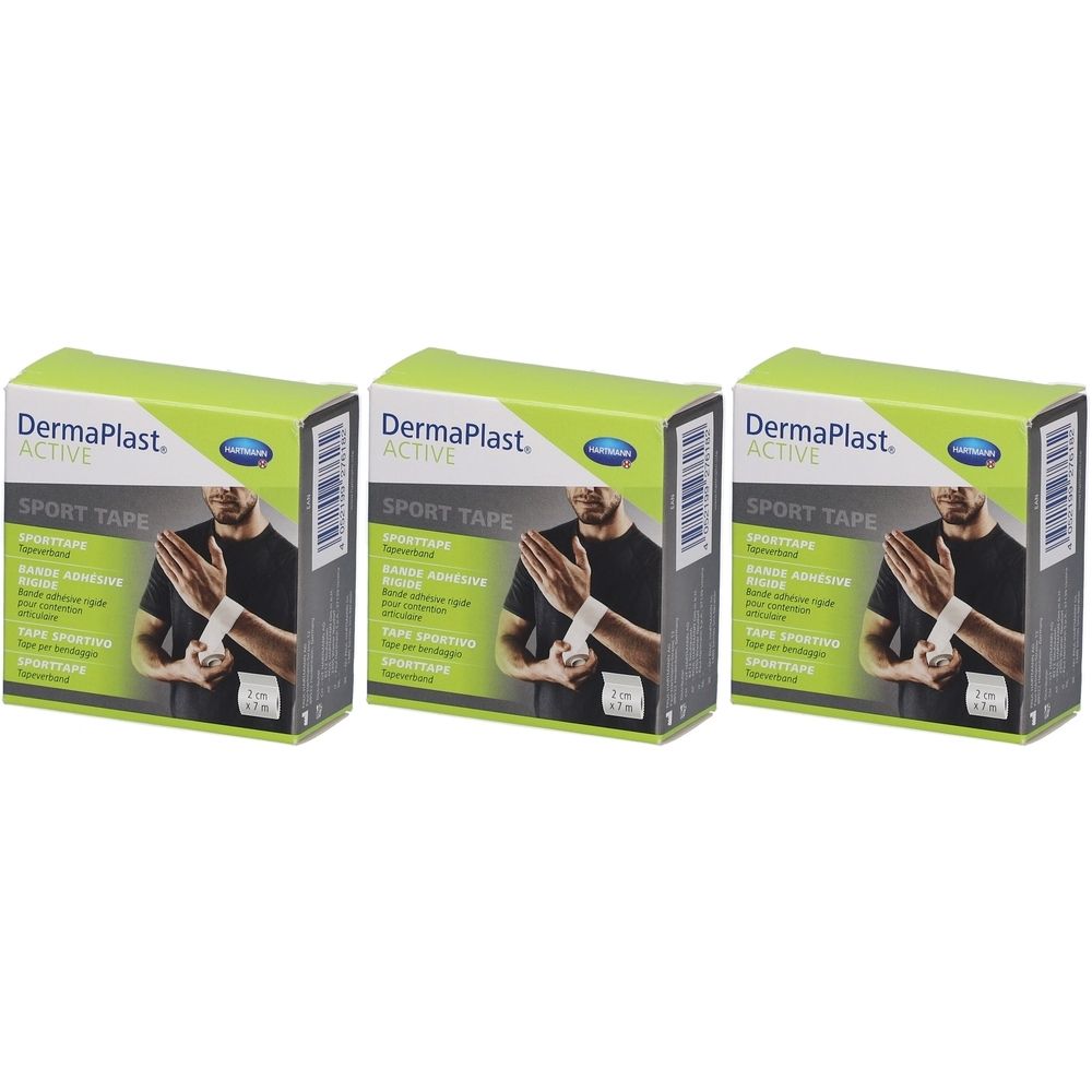 Drei Packungen Sport Tape. Auf jeder Packung ist der Markenname Dermaplast Active und ein Mann mit Sport Tape am Handgelenk abgebildet.