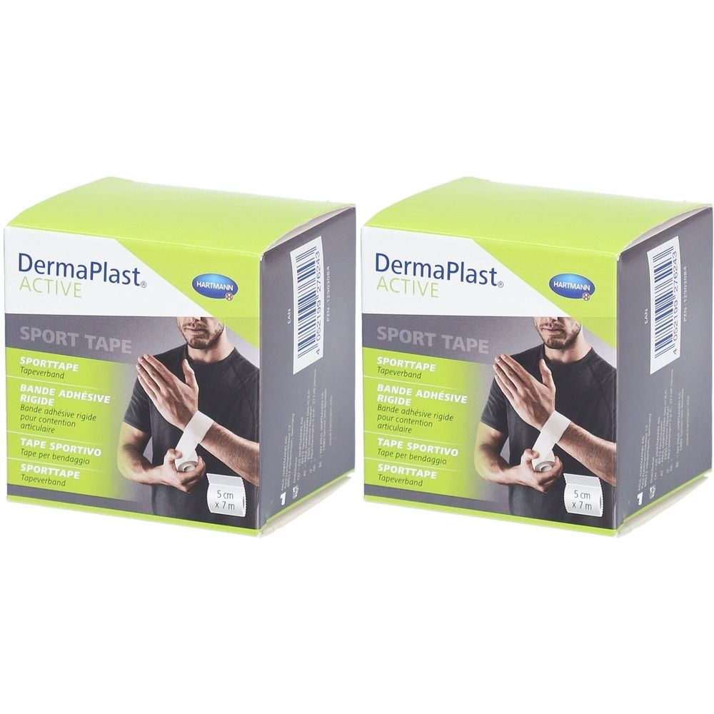 Zwei Kartons Dermaplast Active Sport Tape. Aufdruck: Sport Tape, 5 cm x 7 m. Abbildung eines Mannes mit Bandage am Handgelenk.