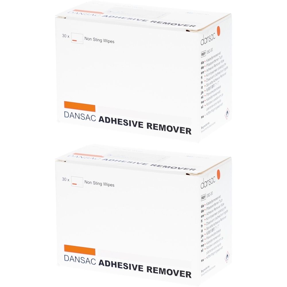 Zwei weiße Kartons mit der Aufschrift "DANSAC ADHESIVE REMOVER". Auf jedem Karton steht "30 x Non Sting Wipes".