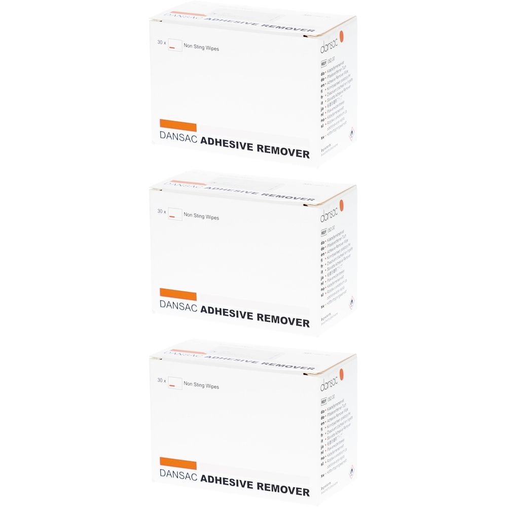 Drei weiße Kartons mit der Aufschrift DANSAC ADHESIVE REMOVER. Auf jedem Karton steht "30 x Non-Sting Wipes".