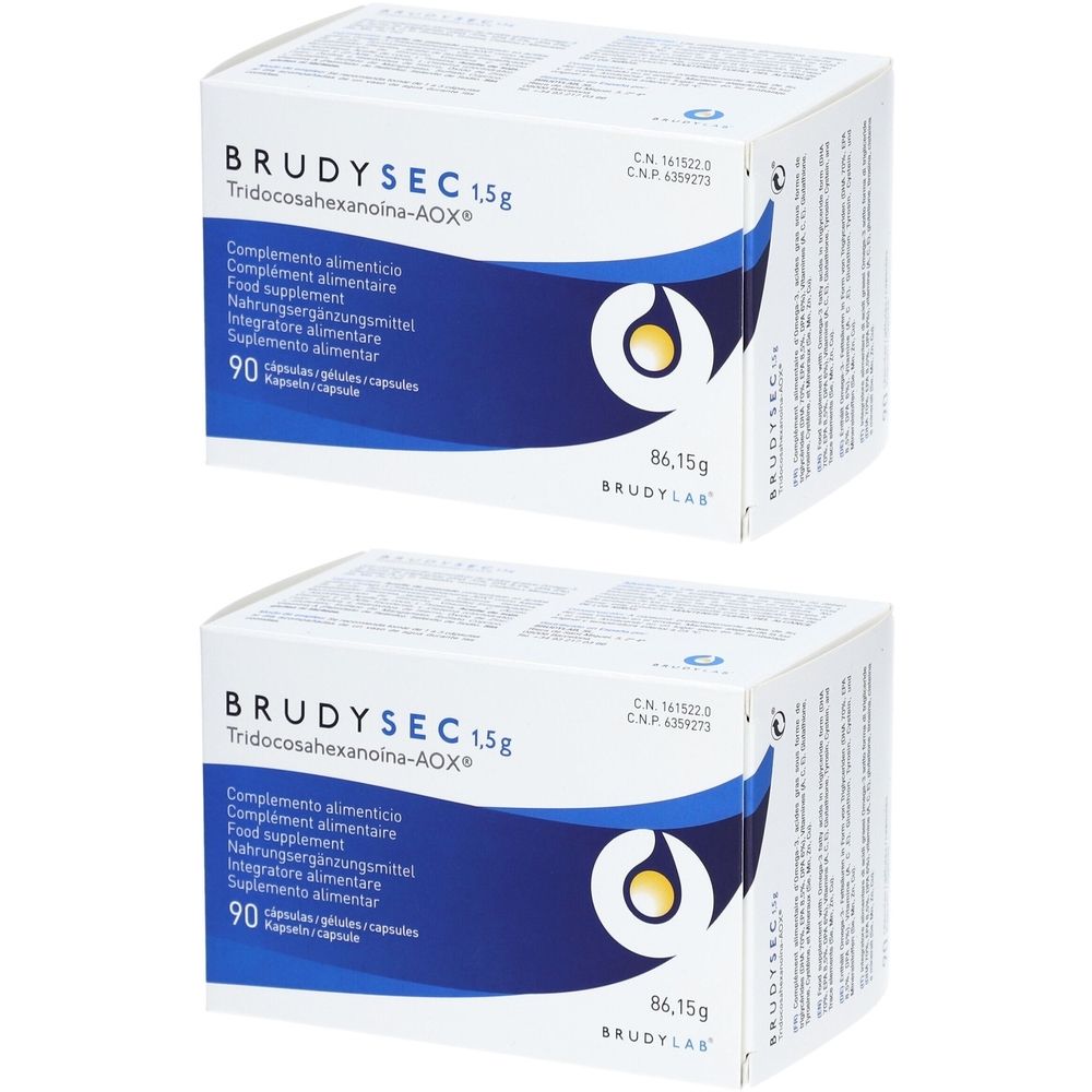 Zwei Schachteln BRUDYSEC 1,5 g. Aufschrift: Nahrungsergänzungsmittel, 90 Kapseln. Blaue und weiße Verpackung mit Logo.