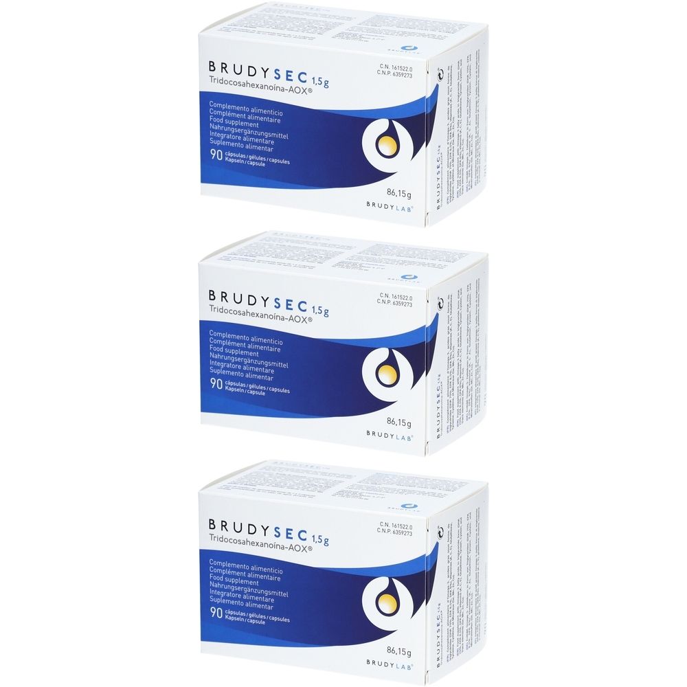 Drei Schachteln BRUDYSEC 1.5 g. Blaue und weiße Verpackung mit Produktinformationen und Logo. Jede Schachtel enthält 90 Kapseln.