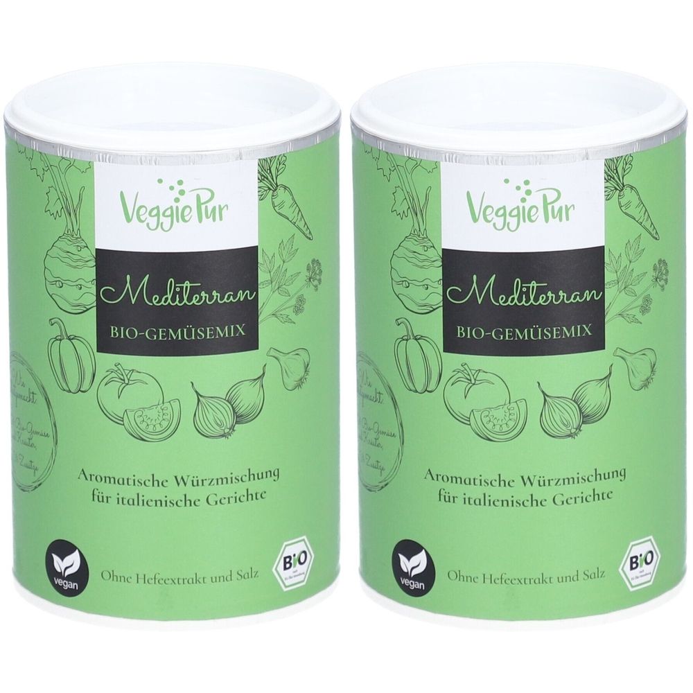 Zwei Dosen VEGGIEPUR Gemüse-Mix MEDITERRAN. Grüne Dosen mit weißem Deckel. Aufschrift: Mediterran, BIO-GEMÜSEMIX, vegan, BIO-Siegel.