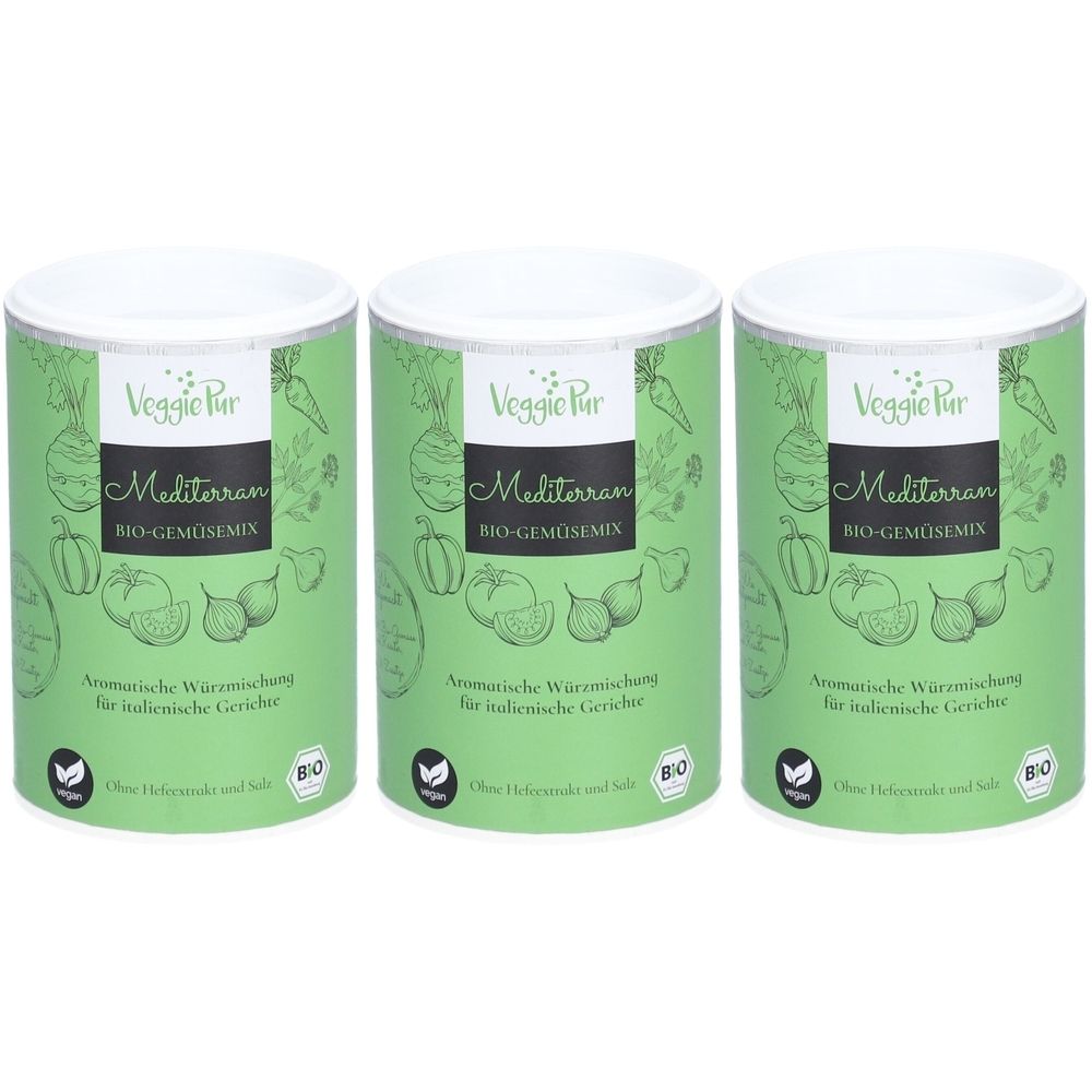 Drei grüne Dosen mit weißem Deckel. Aufschrift: Veggie Pur Mediterran BIO-Gemüsemix. Mit Gemüse-Illustrationen und Bio-Siegel.