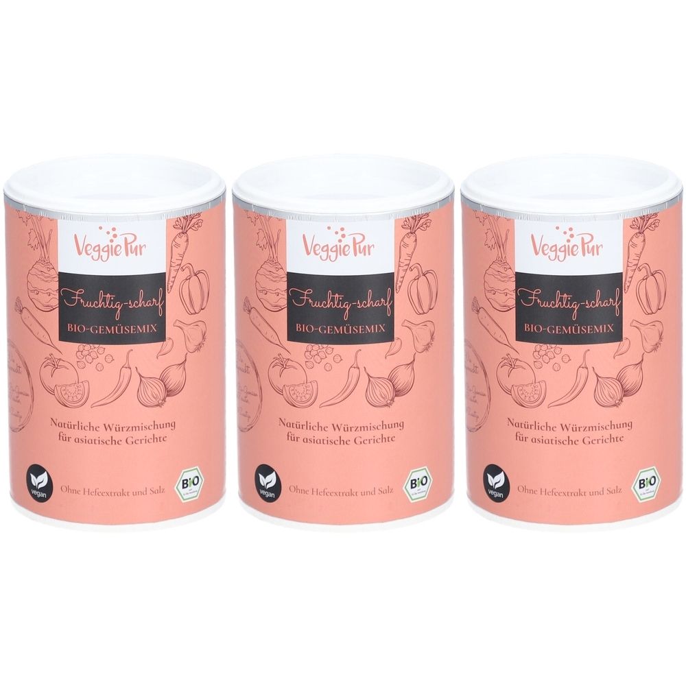 Drei Dosen VEGGIEPUR Gemüse-Mix. Rosa Etikett mit Schriftzug, Illustrationen von Gemüse und Bio-Siegel.