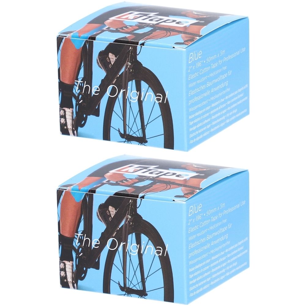 Zwei blaue Kartons. Aufdruck: K-Tape, Fahrrad-Illustration, Text. Aufschrift: Blue, 2" x 5m.