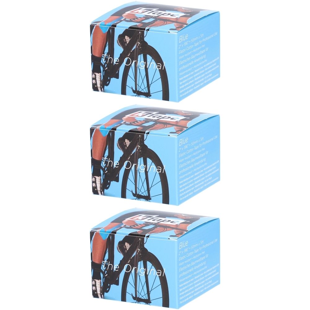 Drei blaue Kartons. Aufdruck: K-TAPE, Fahrradabbildung, Text. Aufschrift: Blue, 5cm x 5m. Elastische Binde.