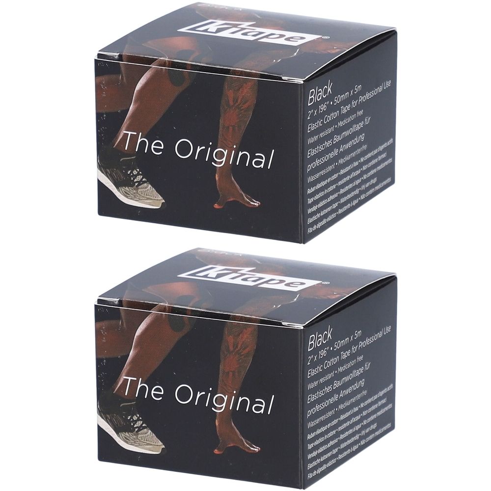 Zwei schwarze Kartons. Aufschrift: K-TAPE, The Original. Text: Elastic Cotton Tape for Professional Use.
