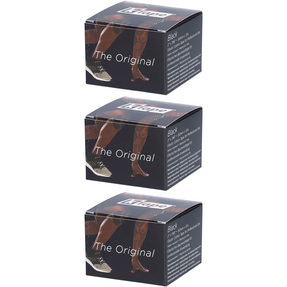 Drei schwarze Kartons mit K-TAPE-Logo und Aufschrift "The Original". Aufschrift "Black" und Produktinformationen.