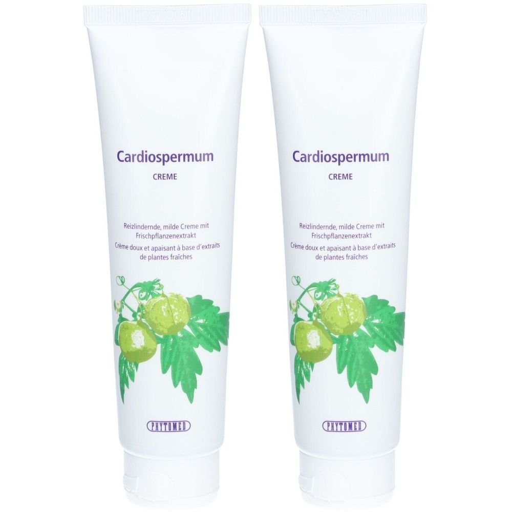 Zwei weiße Tuben mit Aufschrift Cardiospermum Creme. Abbildung von Pflanze mit grünen Früchten und Blättern. Text in Deutsch und Französisch.