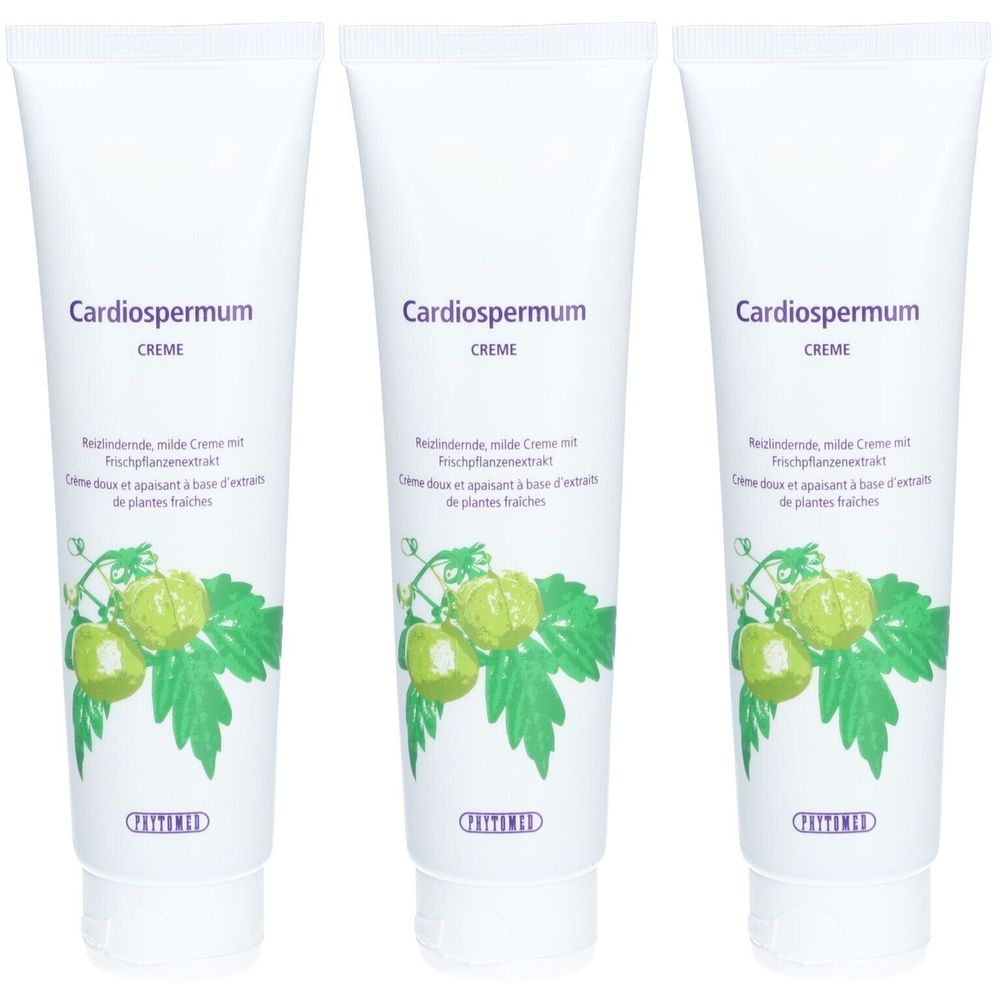 Drei weiße Tuben mit Aufschrift Cardiospermum Creme, Abbildung von Blättern und Früchten. Text in Deutsch und Französisch.