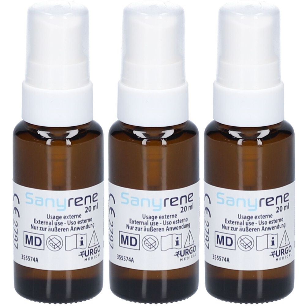 Drei braune Sprühflaschen mit weißem Sprühkopf. Aufschrift: Sanyrene, 20 ml, externe Anwendung. Mit CE-Kennzeichnung und Urgo-Logo.