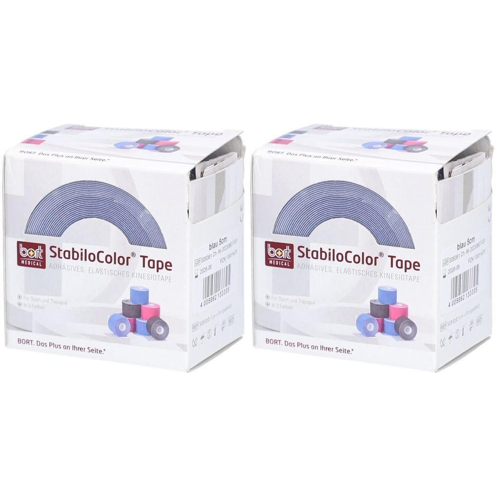 Deux boîtes de ruban BORT StabiloColor bleu. Chaque boîte montre un rouleau de ruban bleu. Impression: StabiloColor Tape, BORT Medical.