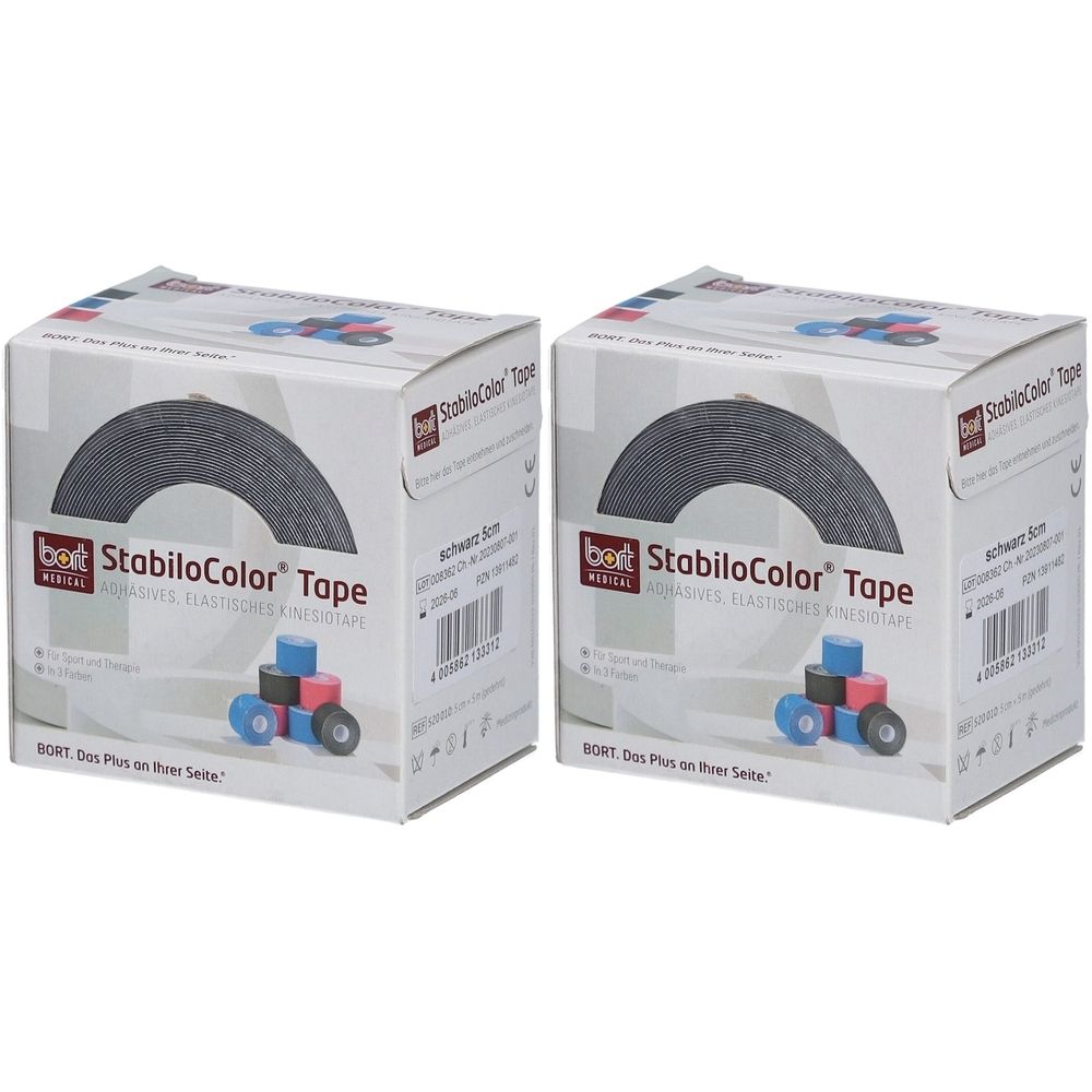 Zwei Kartons BORT StabiloColor Tape schwarz. Aufdruck: StabiloColor Tape, elastisch, resistent. Schwarzes Tape in Bogenform sichtbar.