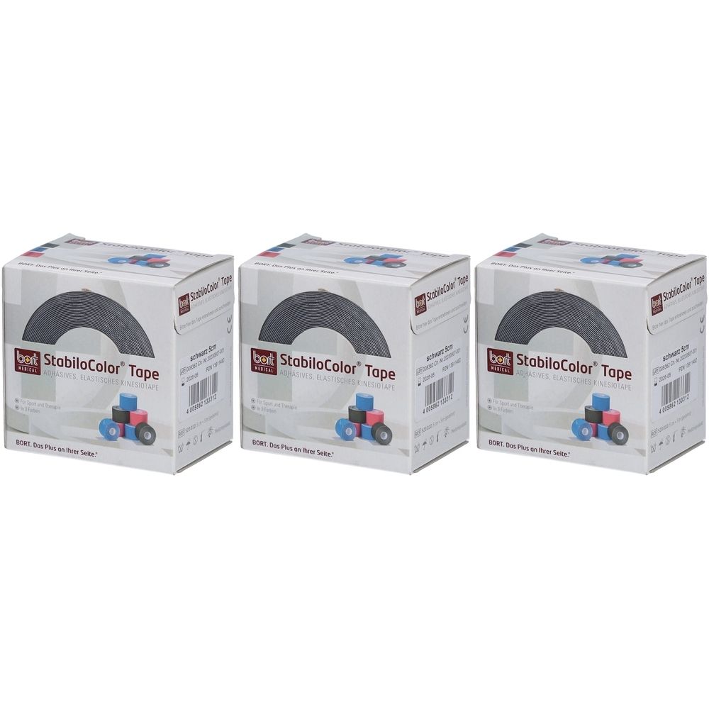 Drei Packungen BORT StabiloColor Tape schwarz. Jede Packung zeigt eine Rolle Tape. Aufdrucke: StabiloColor Tape, BORT.