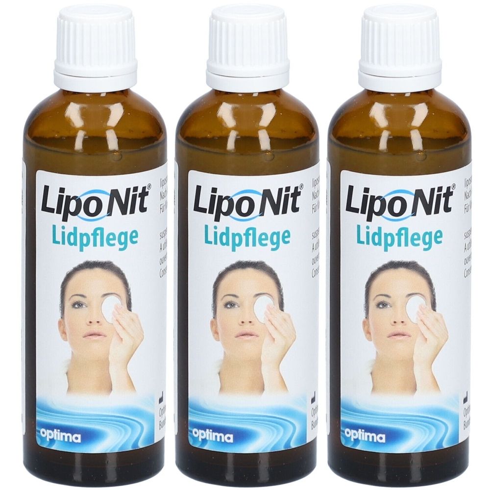 Drei braune Flaschen mit weißem Deckel. Auf den Etiketten steht "Lipo Nit Lidpflege". Eine Frau hält ein Wattepad ans Auge.