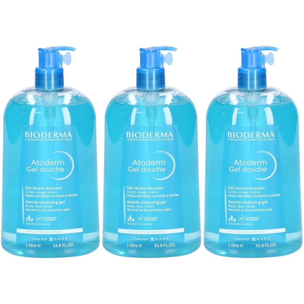 Trois flacons de gel douche Bioderma Atoderm. Flacons bleus avec pompe. Inscription: Atoderm Gel douche, Gentle cleansing gel.
