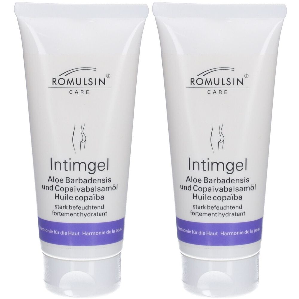 Deux tubes blancs avec impression. Inscription: Romulsin Care Intimgel. Contient Aloe Barbadensis et Copaivabalsamöl.