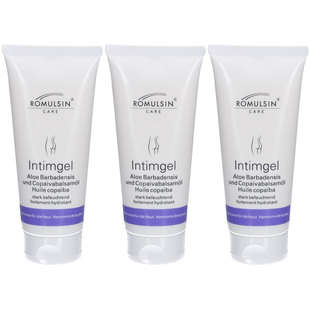 Trois tubes de gel intime. Inscription : Romulsin Care, Intimgel, Aloe Barbadensis et Copaivabalsamöl. Fortement hydratant. Tubes blancs avec accents violets.