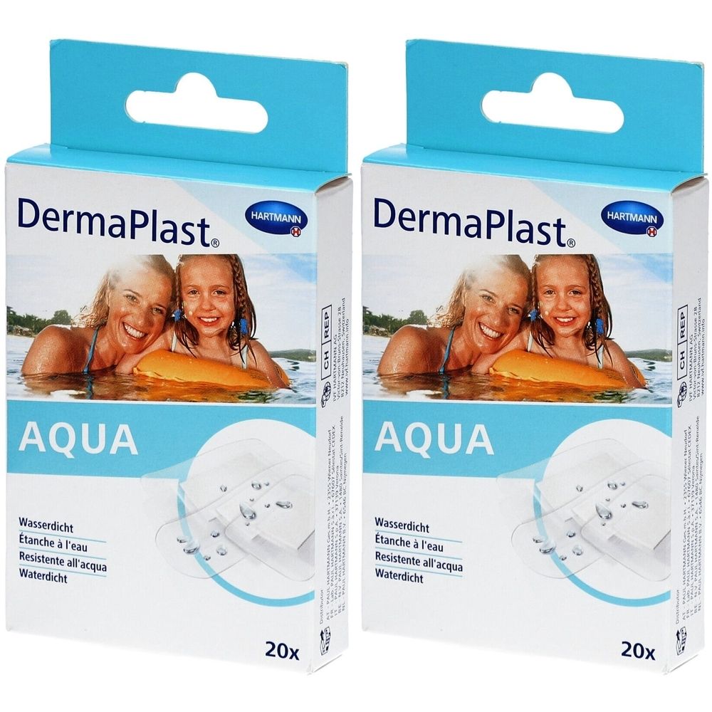 Deux boîtes de pansements DermaPlast Aqua. Inscription : étanche à l'eau, 20 pièces. Image de deux personnes dans l'eau.