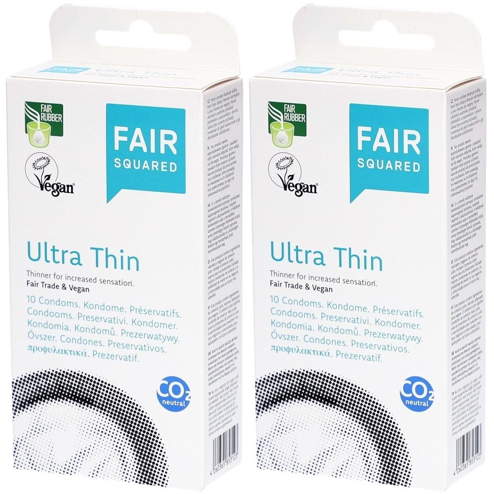 Zwei Packungen Kondome. Aufschrift: FAIR SQUARED Ultra Thin, Fair Trade & Vegan. Mit CO2-neutral Zertifizierung und Vegan-Logo.