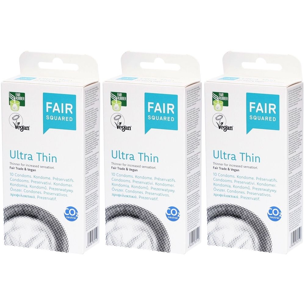 Drei Schachteln Kondome. Aufschrift: FAIR SQUARED Ultra Thin. Vegan-Siegel. CO2-neutral.