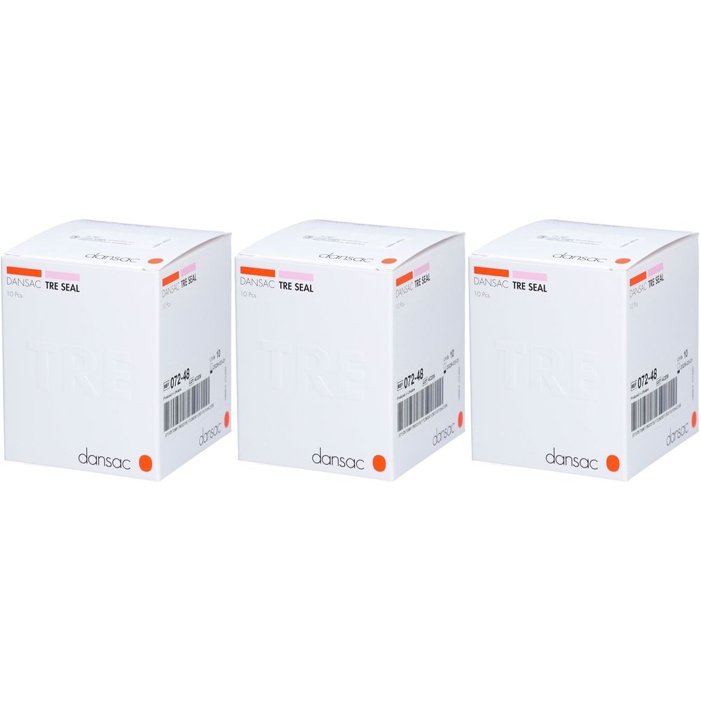 Drei weiße quadratische Kartons. Aufdruck: DANSAC TRE Seal, Barcode, Produktnummer. Orangefarbener Punkt und Schriftzug "dansac".
