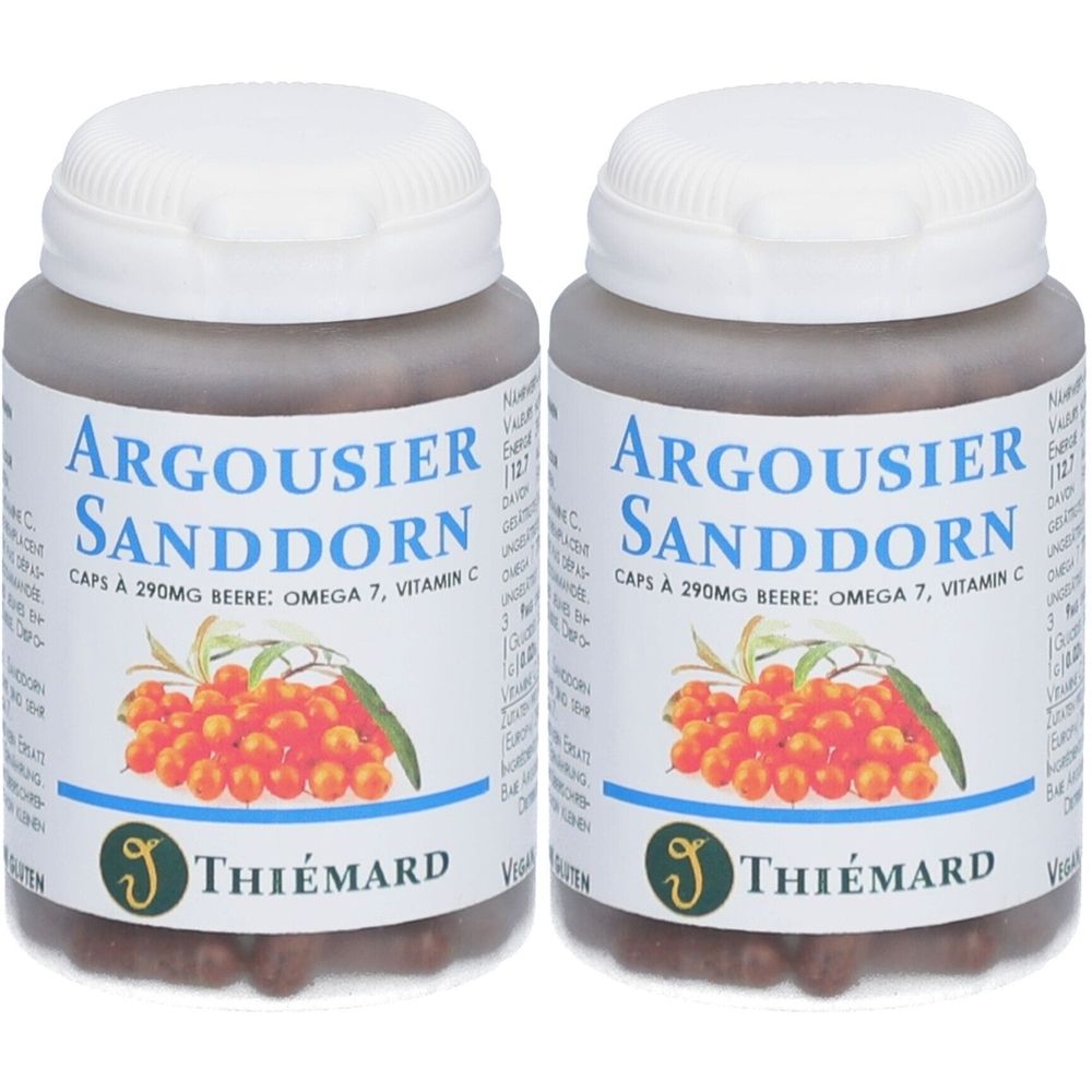 Zwei braune Flaschen mit weißen Deckeln. Auf den Etiketten steht "Argousier Sanddorn" und "THIÉMARD". Abbildung von Sanddornbeeren.