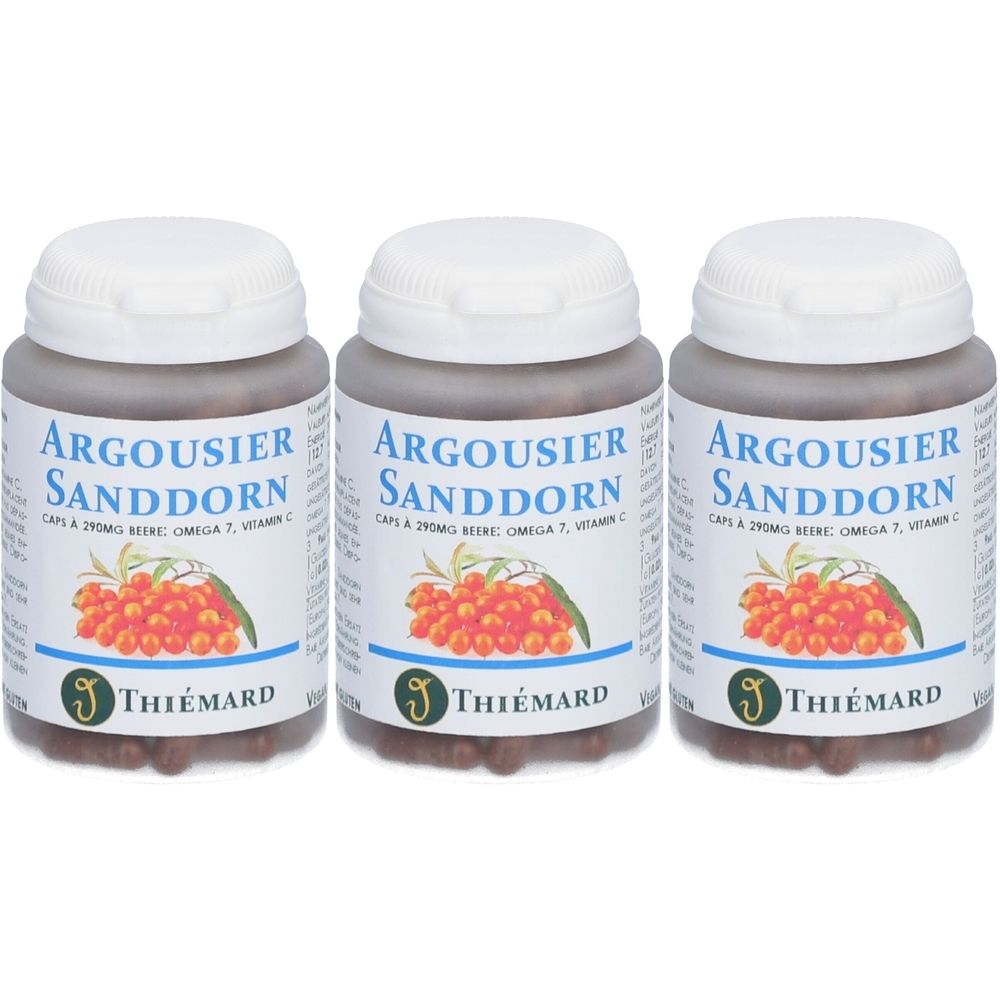 Drei braune Flaschen mit weißen Deckeln. Auf den Etiketten steht "Argousier Sanddorn" und "THIÉMARD". Abbildung von Sanddornbeeren.