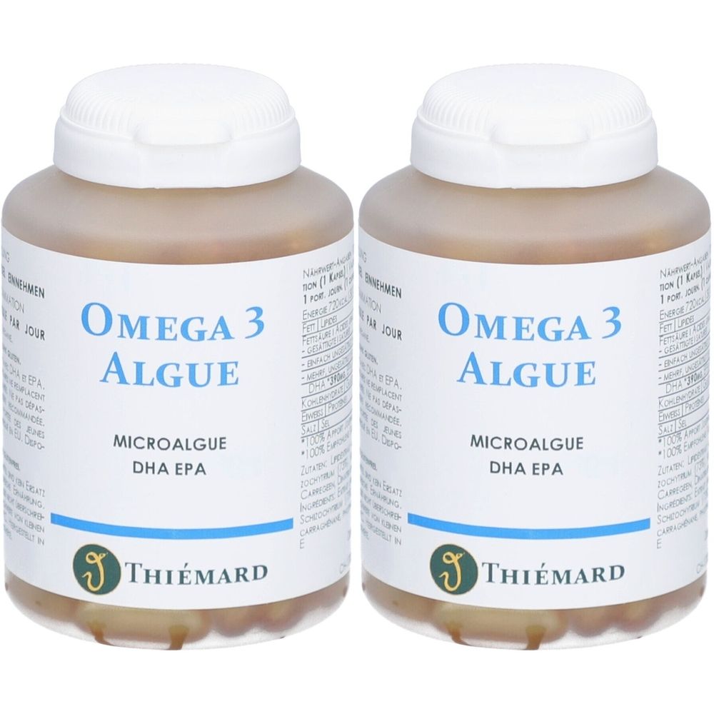 Zwei Flaschen THIÉMARD Omega 3 Algue. Aufschrift: Omega 3 Algue, Microalgue DHA EPA. Weißer Deckel, brauner Behälter, blaues Band.